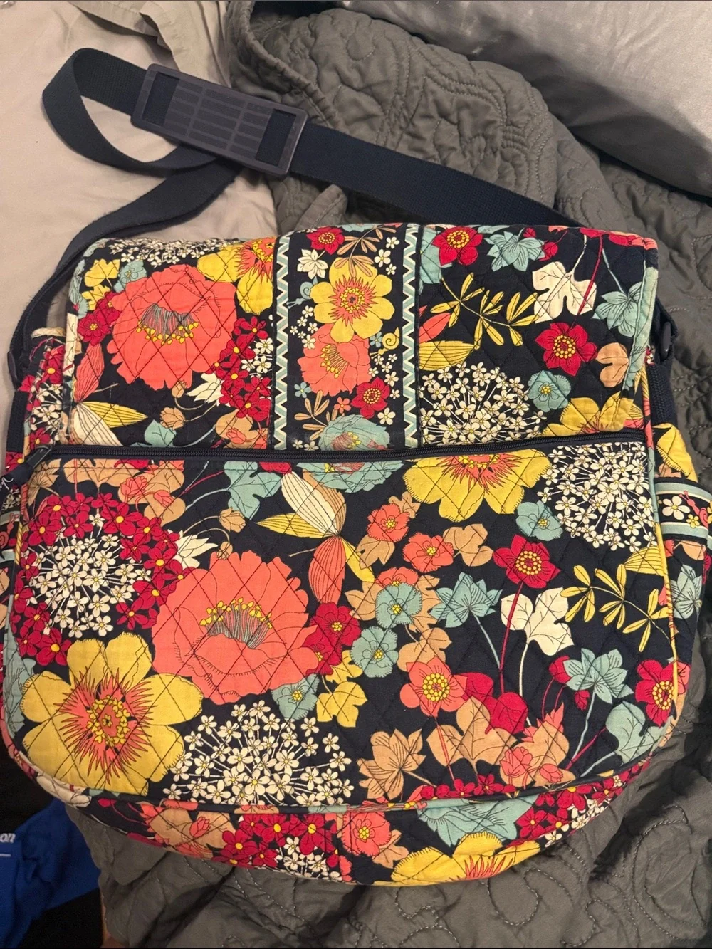 Vera Bradley Navy Floral Quilted Laptop Bag with Multicolor Blooms
